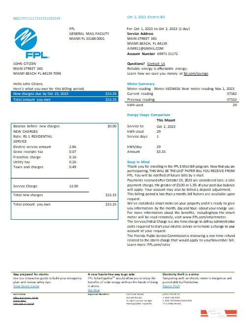 USA Florida FPL  electricity  utility bill Word and PDF formats, version 2